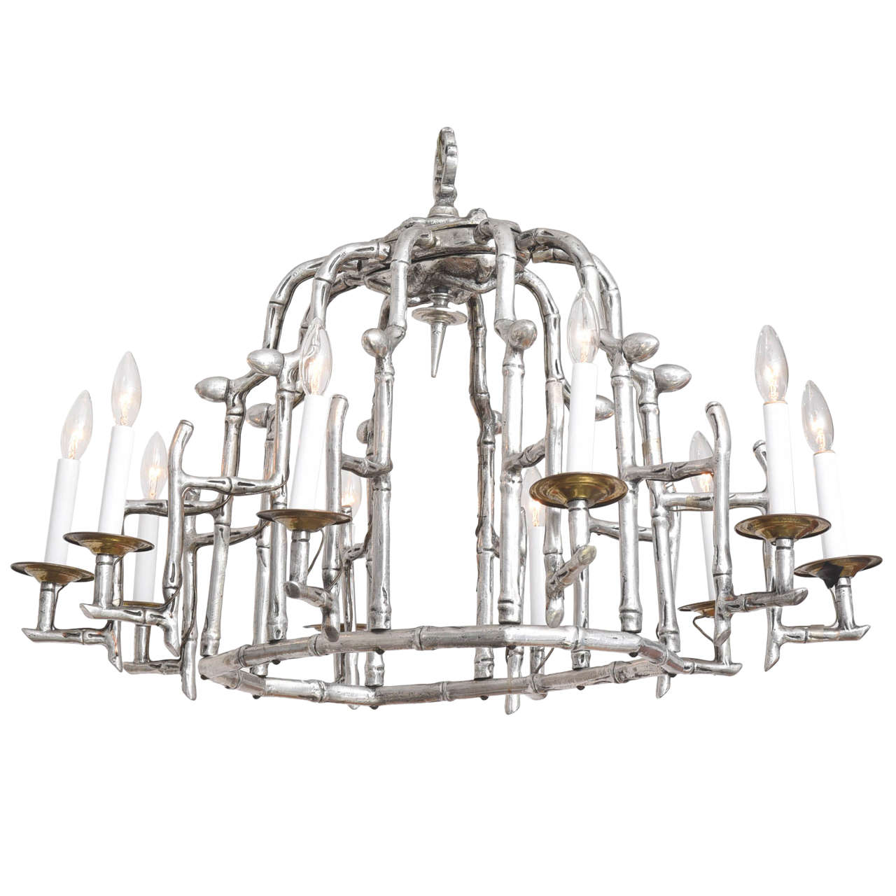 Mid-Century Faux Bamboo Pagoda Ten-Light Oval Aluminum Chandelier: 1950