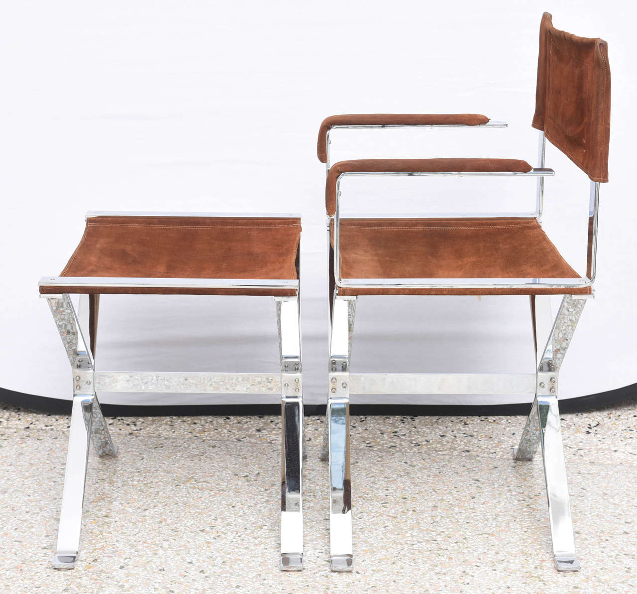 Mid-Century Modern Pair of Director Chairs & Ottomans in Polished Steel: Alessandro Albrizzi 1960s