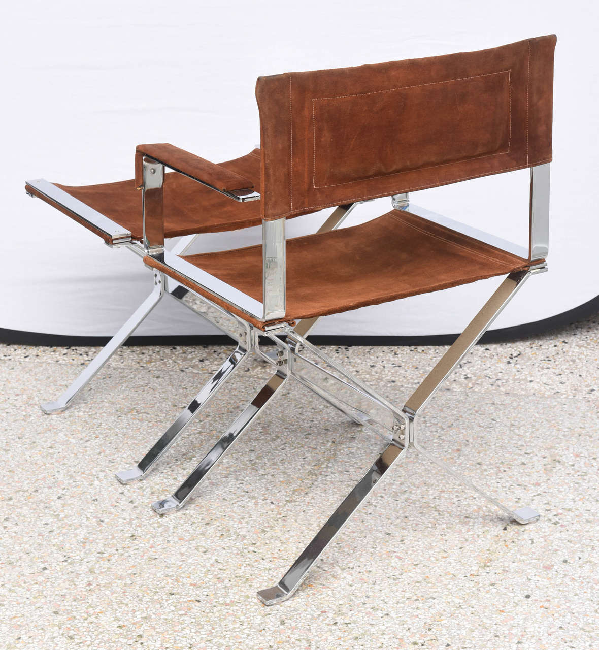 Pair of Director Chairs & Ottomans in Polished Steel: Alessandro Albrizzi 1960s In Good Condition In West Palm Beach, FL