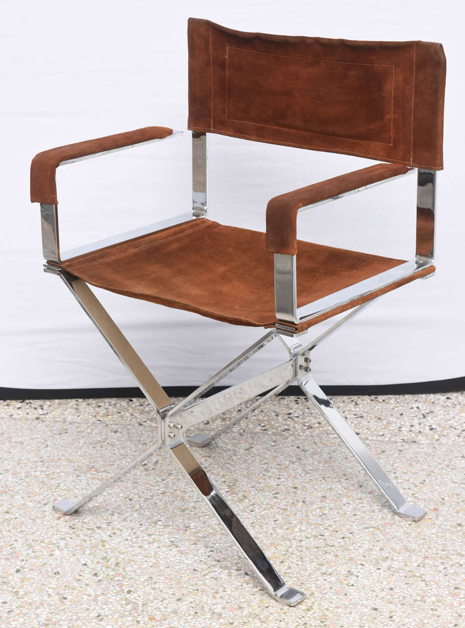 20th Century Pair of Director Chairs & Ottomans in Polished Steel: Alessandro Albrizzi 1960s