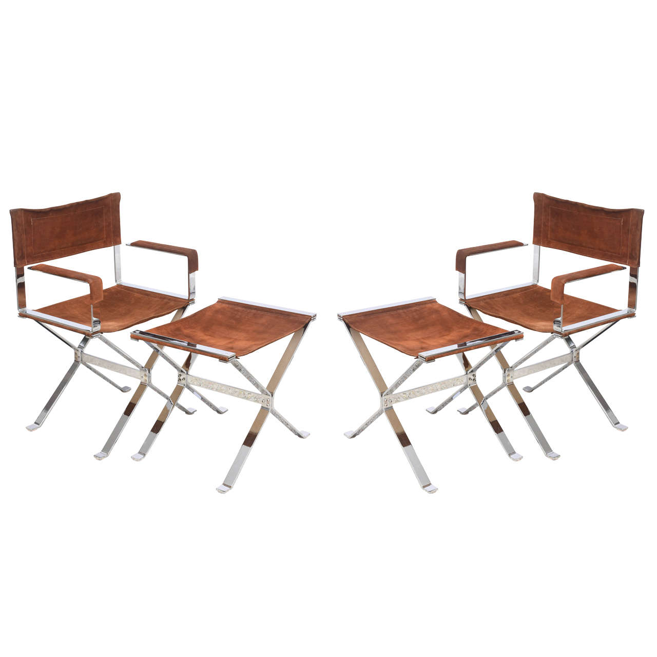 Pair of Director Chairs & Ottomans in Polished Steel: Alessandro Albrizzi 1960s