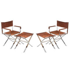 Vintage Pair of Director Chairs & Ottomans in Polished Steel: Alessandro Albrizzi 1960s