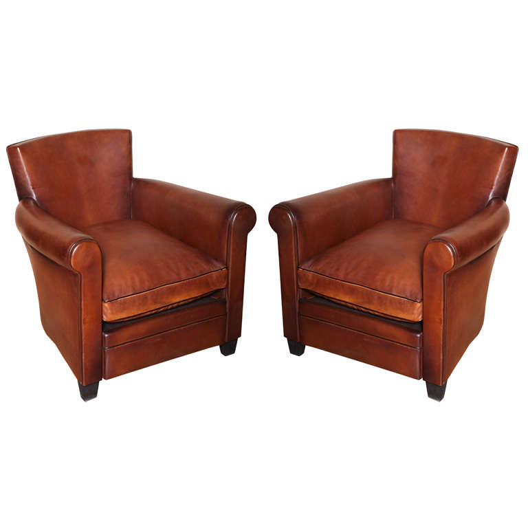 Pair of Art Deco Leather Club Chairs For Sale