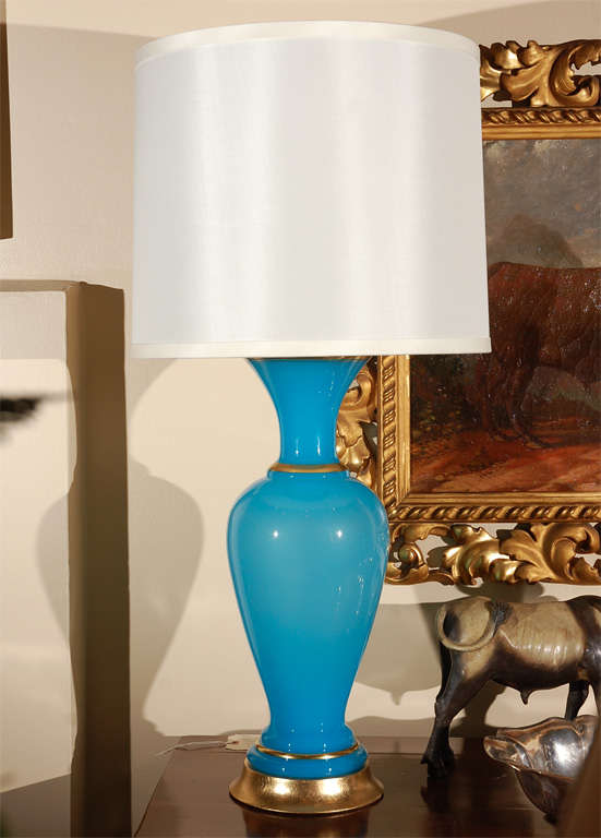 French Striking Pair of Large, Blue Opaline Lamps