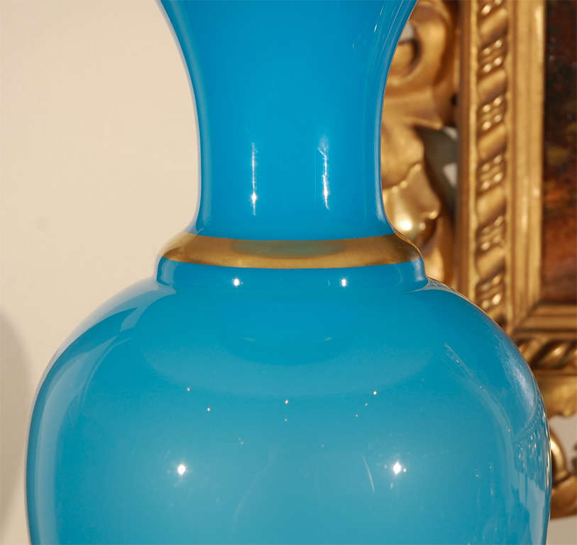 Opaline Glass Striking Pair of Large, Blue Opaline Lamps