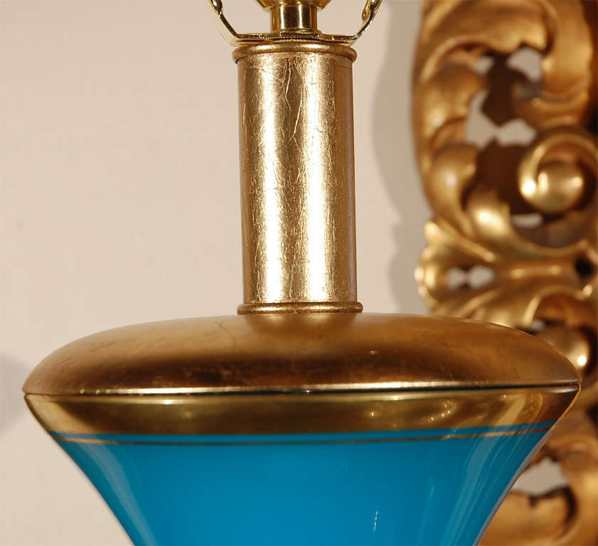 Striking Pair of Large, Blue Opaline Lamps 1