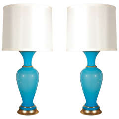 Striking Pair of Large, Blue Opaline Lamps