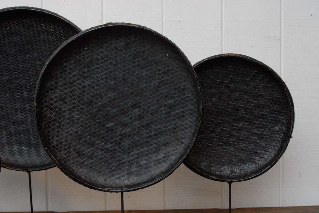 Striking  Burmese Rattan Trays on Stands In Excellent Condition For Sale In Washington, DC
