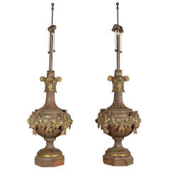 Monumental Pair of Wood Carved Marbro Lamps