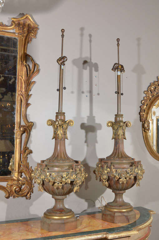 Monumental Pair of Wood Carved Marbro Lamps