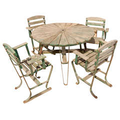 Vintage Set of Four Wooden Arm Chair and Round Table