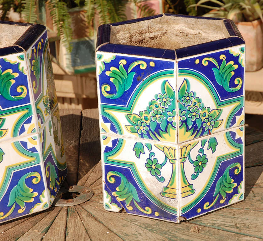 Spanish Pair of Hexagonal Tile Planters with Floral Design
