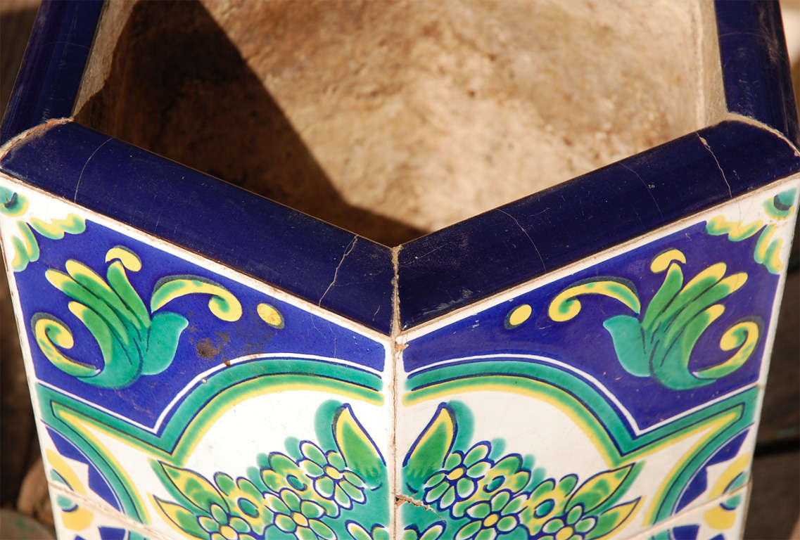 Mid-20th Century Pair of Hexagonal Tile Planters with Floral Design