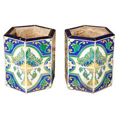 Vintage Pair of Hexagonal Tile Planters with Floral Design