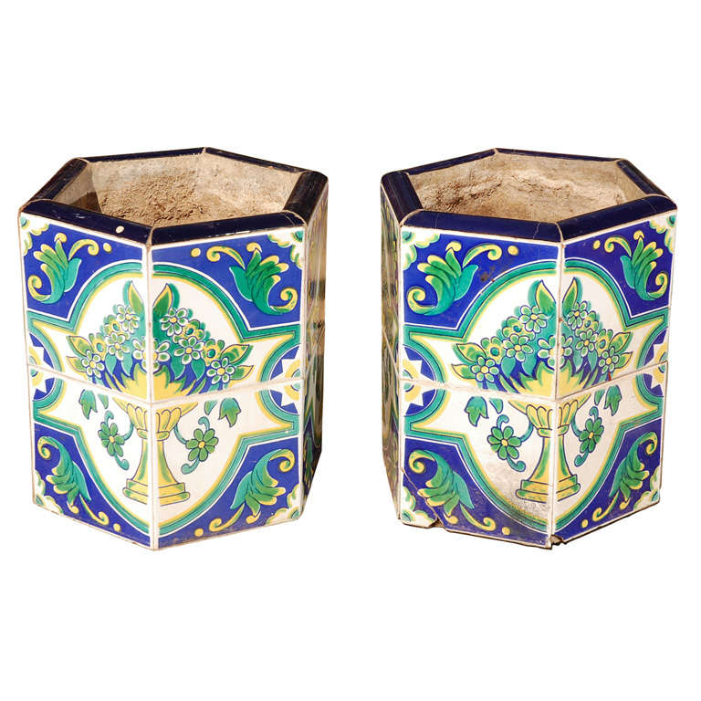 Pair of Hexagonal Tile Planters with Floral Design