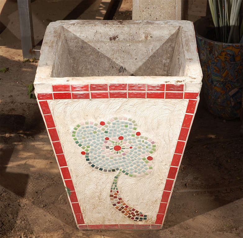 Squared Tapered Red Tile Planter with Mosaic Design