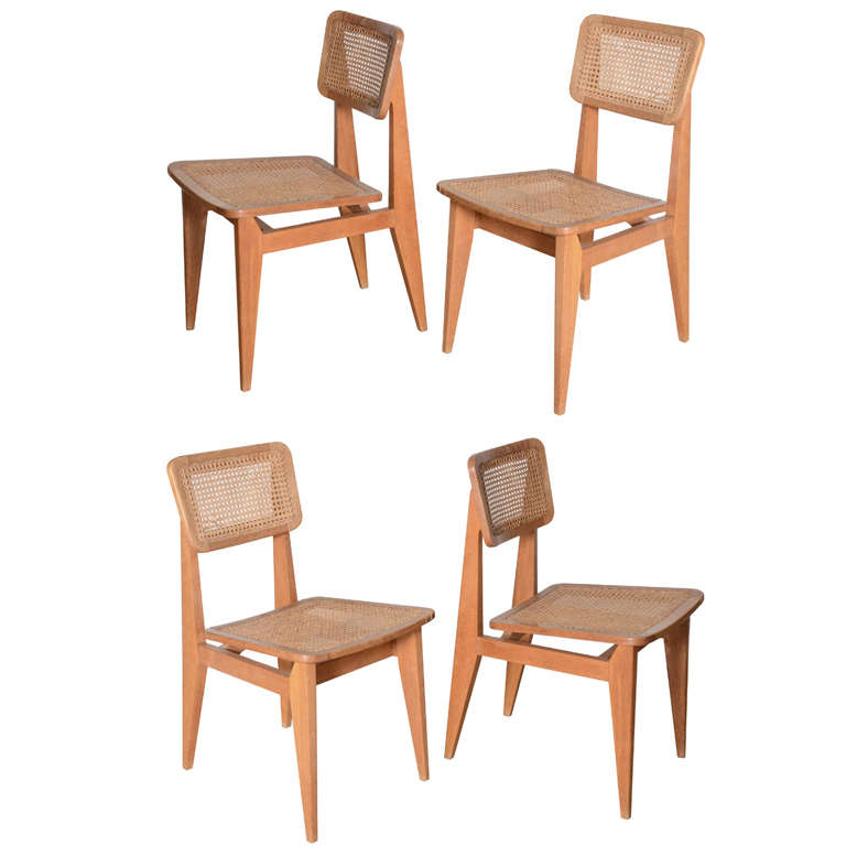 Set of four 1950
s Marcel Gascoin chairs with caning