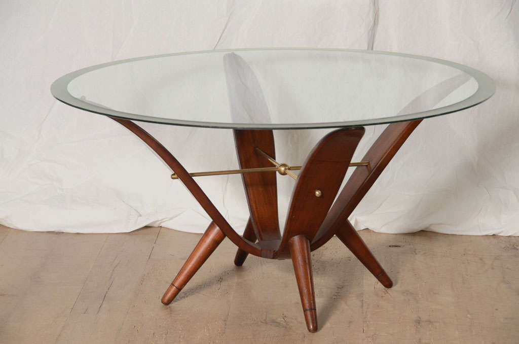 Italian Mid Century Wood Occasional Table with Brass Stretcher
