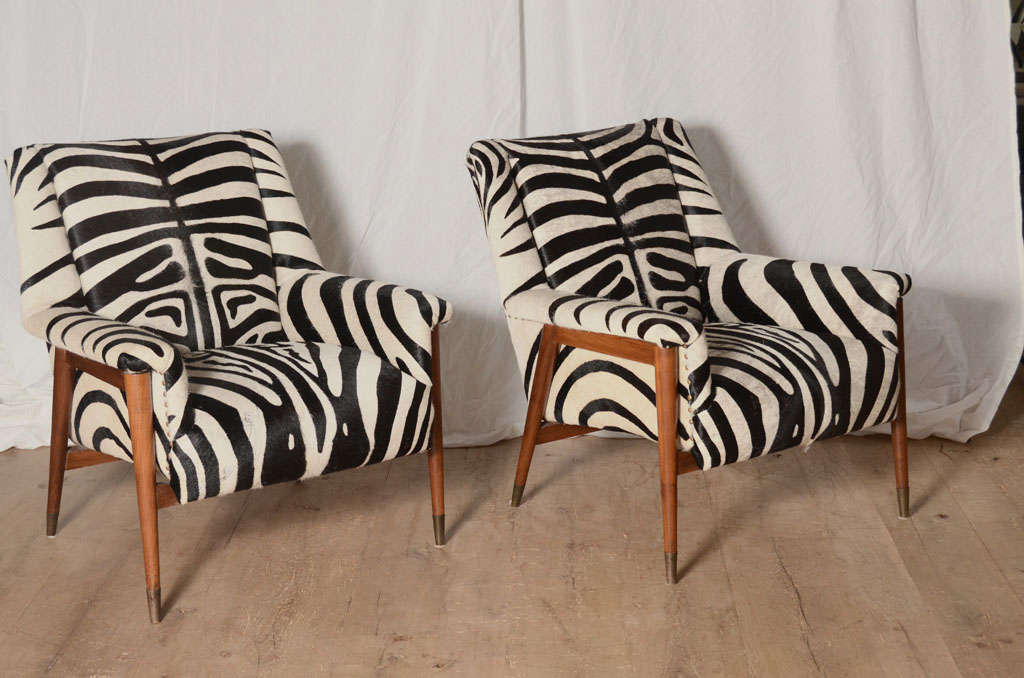 Stunning Pair of French Mid Century Lounge Chairs with Zebra Upholstery
