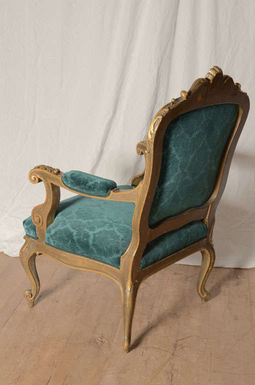 Gilt 19th century Italian baroque Armchair  in peacock blue