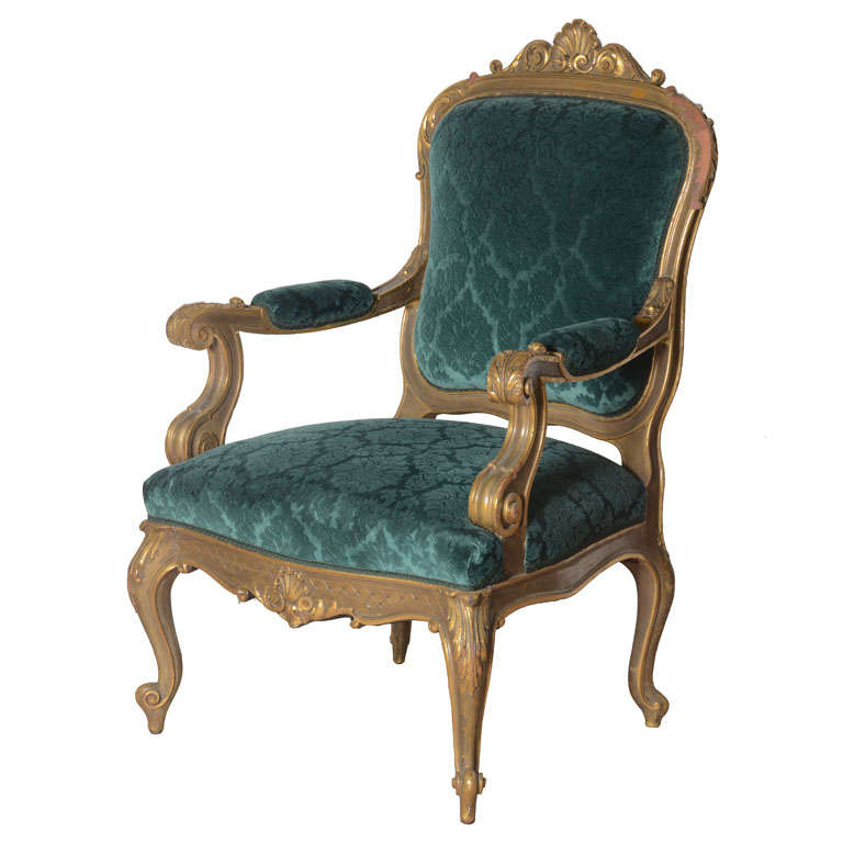 19th century Italian baroque Armchair  in peacock blue