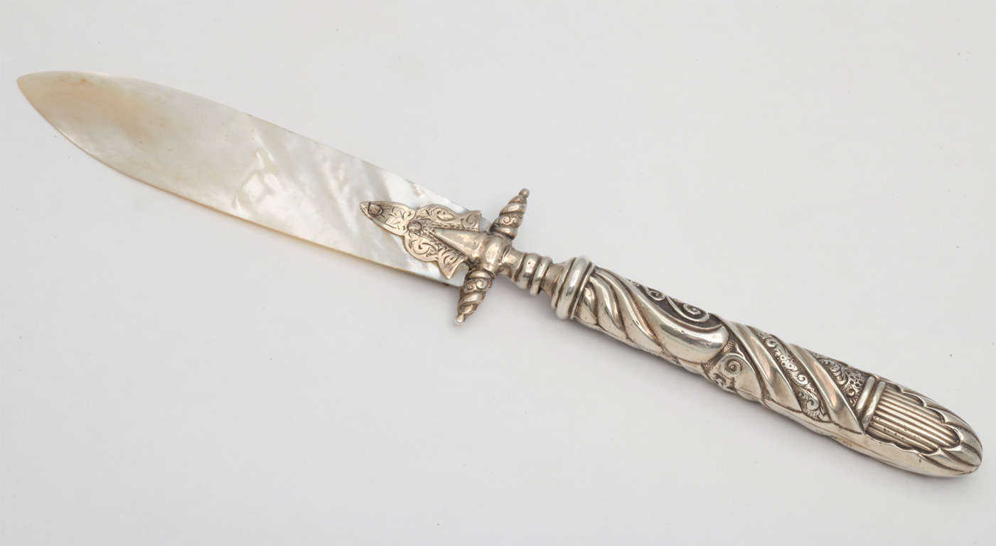 Beautiful, sterling silver-mounted, mother-of-pearl page turner/letter opener, Birmingham, England, 1899, Arthur Harris - maker. @9 1/4