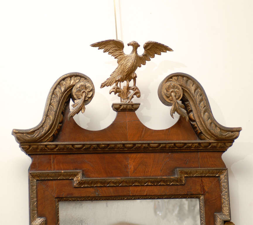 English Georgian Style Walnut and Gilt Mirror with Eagle Crest and Swan Neck Pediment