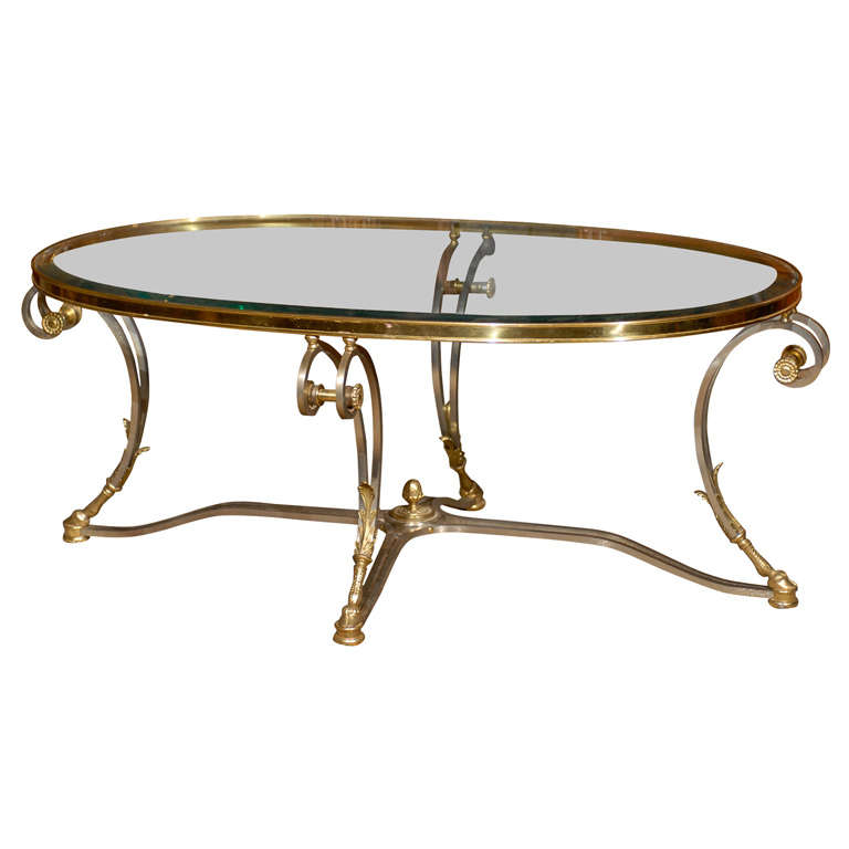 Large Oval Shaped Jansen Style Steel 
Brass Coffee Table