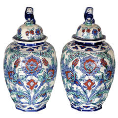 Antique Pair of Belgian pottery covered vases