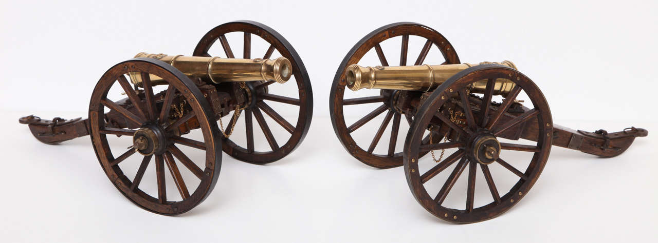 British A Pair of Edwardian Mahogany and Brass Model Cannons