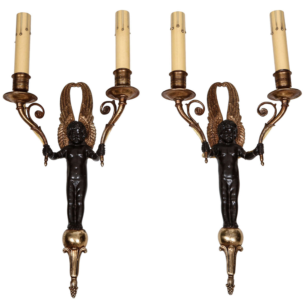 Pair Bronze Figural Two Light Wall Sconces For Sale