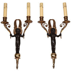 Pair Bronze Figural Two Light Wall Sconces