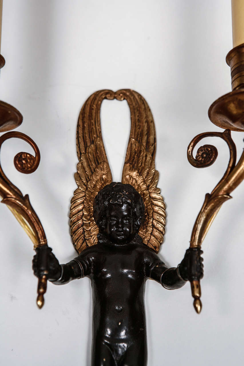 19th Century Pair Bronze Figural Two Light Wall Sconces For Sale
