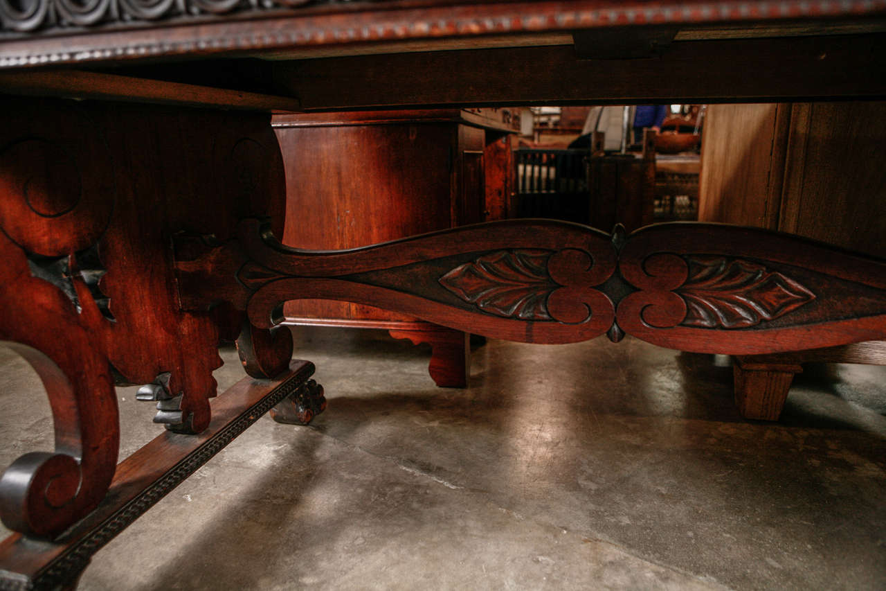 Renaissance Revival Antique Carved Library Table / Desk with Marble Top