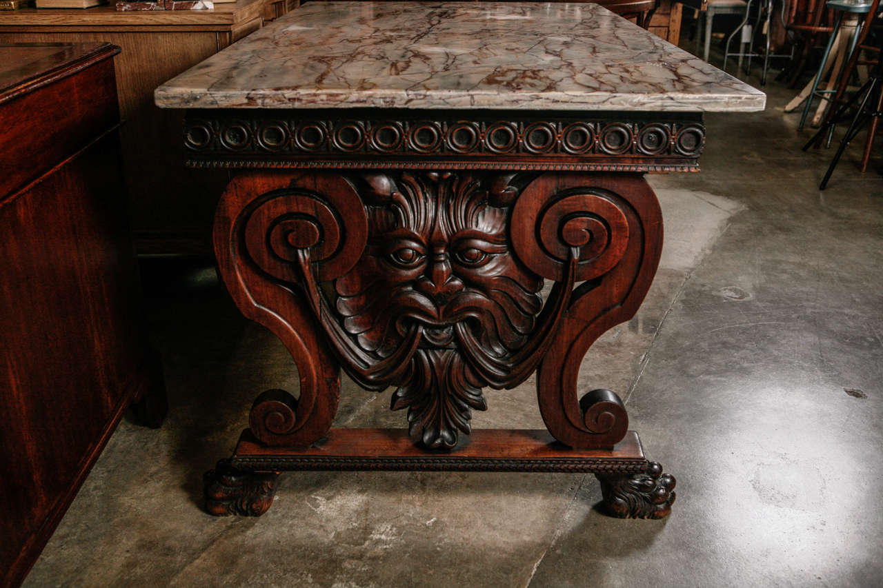 Antique Carved Library Table / Desk with Marble Top In Excellent Condition In Culver City, CA