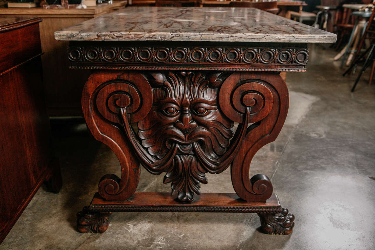 19th Century Antique Carved Library Table / Desk with Marble Top