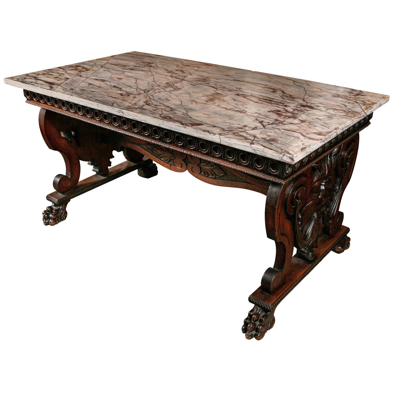 Antique Carved Library Table / Desk with Marble Top at 1stDibs