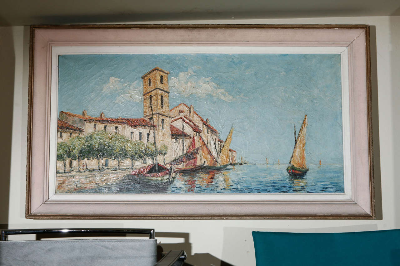 A coastal oil painting of the back of St Tropez, France by artist Klemczsnski.