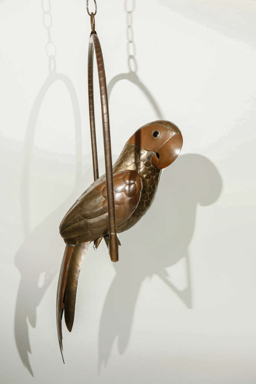 Perroquet d'art populaire Sergio Bustamante en laiton et cuivre, grandeur nature, sur une balançoire. Notez qu'une des plumes de la queue est détachée et doit être rattachée aux cinq autres plumes de la queue. Condition originale non polie.

Bien