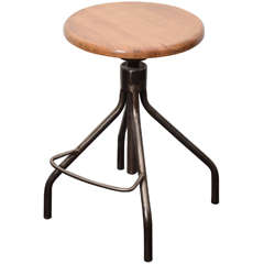 Industrial Stool with Adjustable Wooden Seat