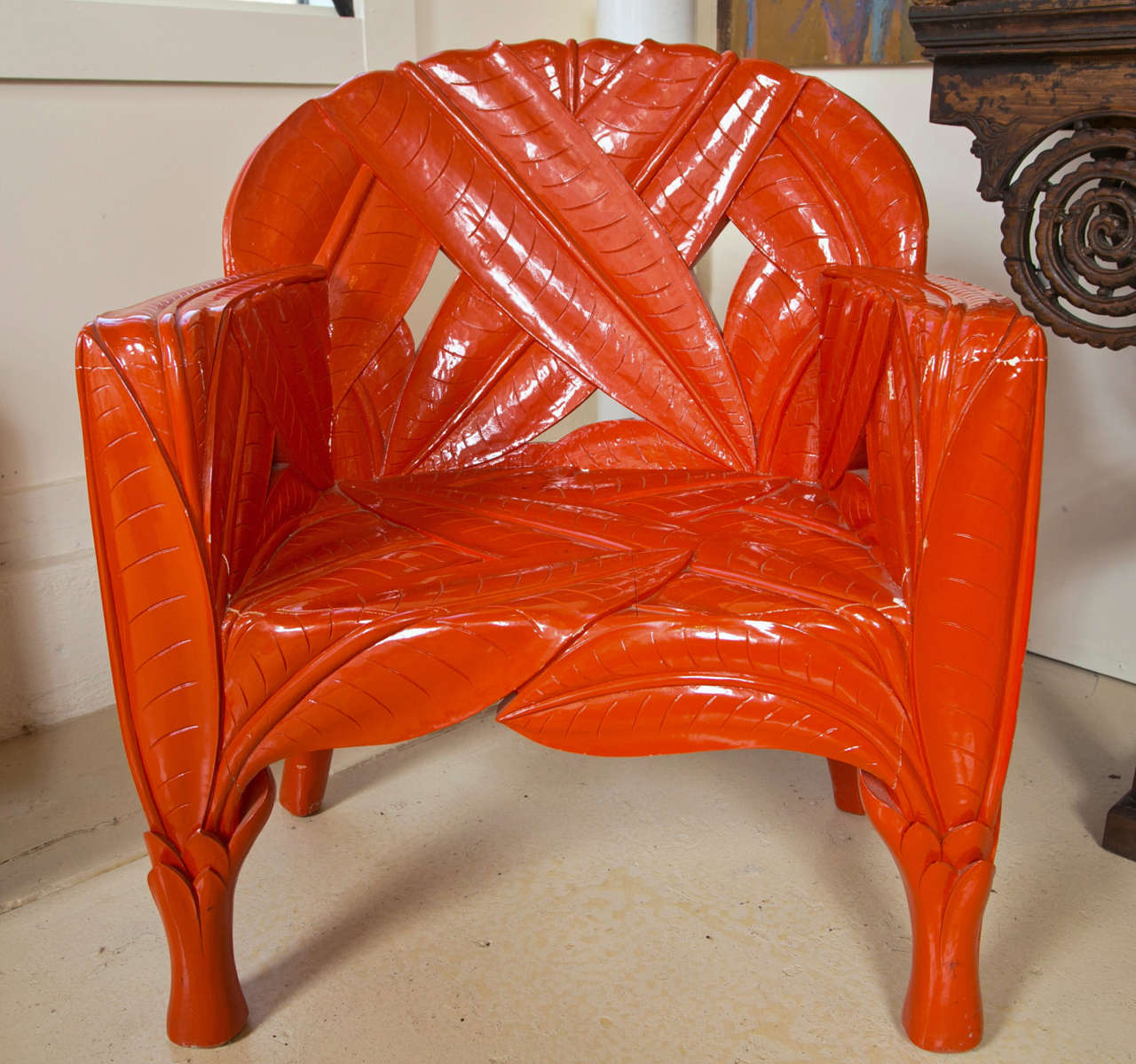 Spectacular wood carved chair from the Copper Hewett collection.  this is one of fifty that was decommissioned from the collection,  some minor paint loss.,