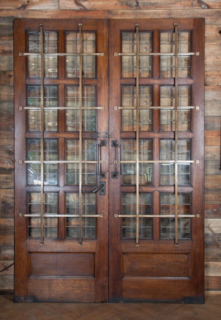 British Grand 1920s Oak Copper Glazed Double Doors with Bronze Bars