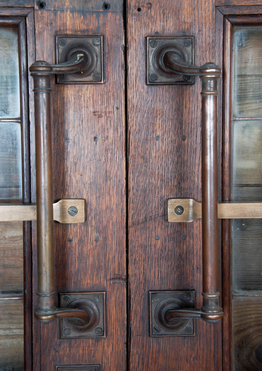 Grand 1920s Oak Copper Glazed Double Doors with Bronze Bars In Good Condition In London, GB