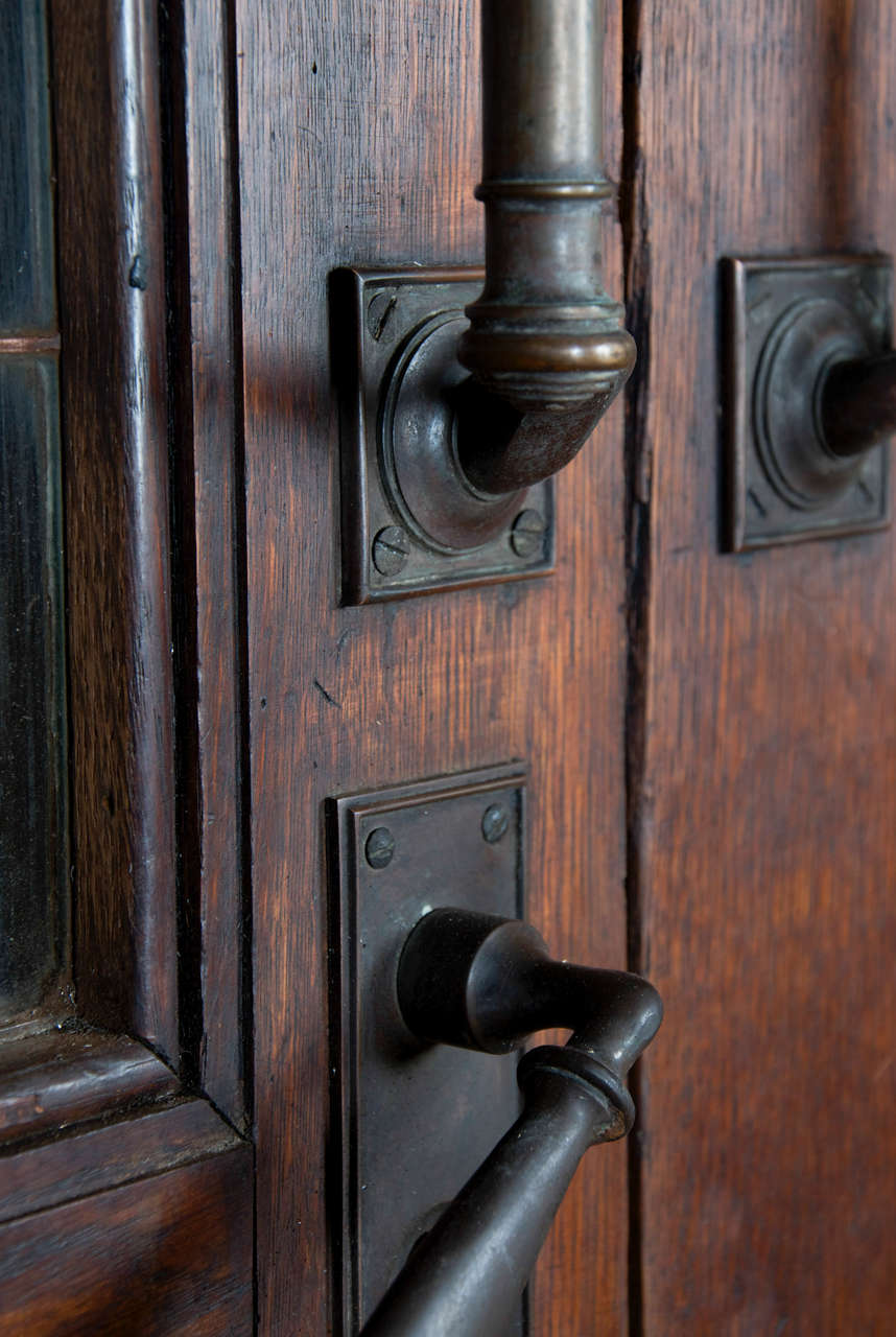 20th Century Grand 1920s Oak Copper Glazed Double Doors with Bronze Bars