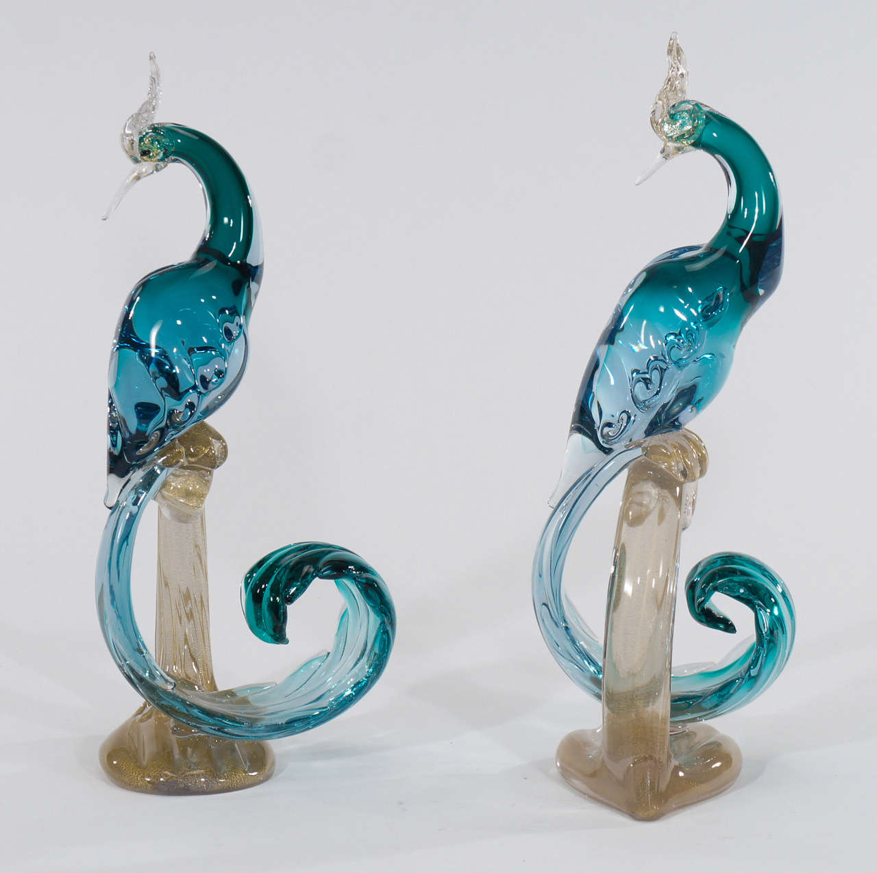 Italian Pair of Turquoise Venetian/Murano Barbini Exotic Bird Sculptures