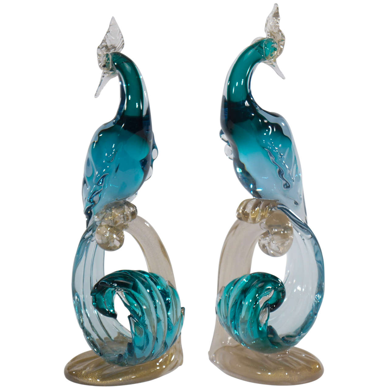 This is a matched pair of hand blown, tall and fanciful Murano 