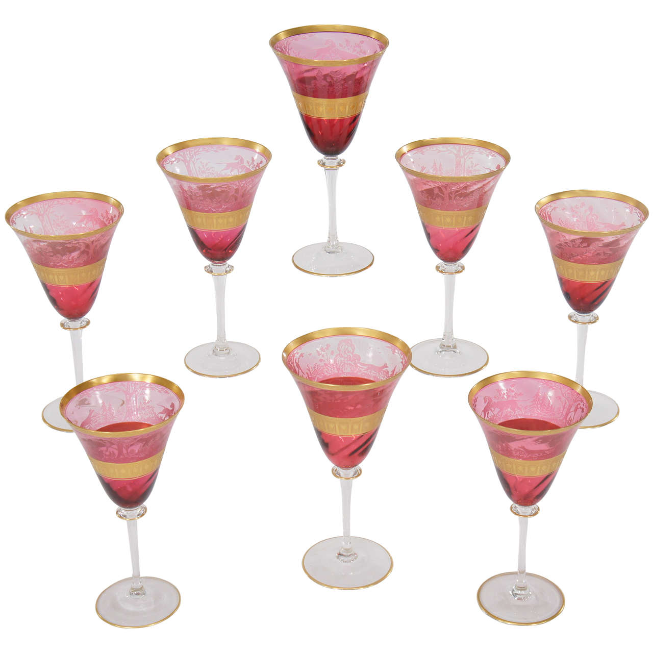 Set of Eight Moser Cameo Crystal Cranberry Goblets with Acid-Etched Gold