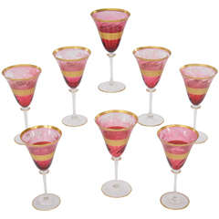 Antique Set of Eight Moser Cameo Crystal Cranberry Goblets with Acid-Etched Gold