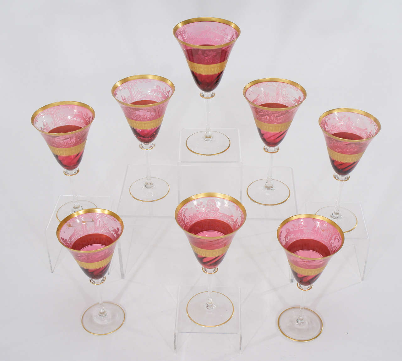 Czech Set of Eight Moser Cameo Crystal Cranberry Goblets with Acid-Etched Gold