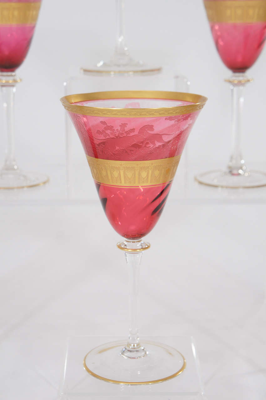 Set of Eight Moser Cameo Crystal Cranberry Goblets with Acid-Etched Gold In Excellent Condition In Great Barrington, MA